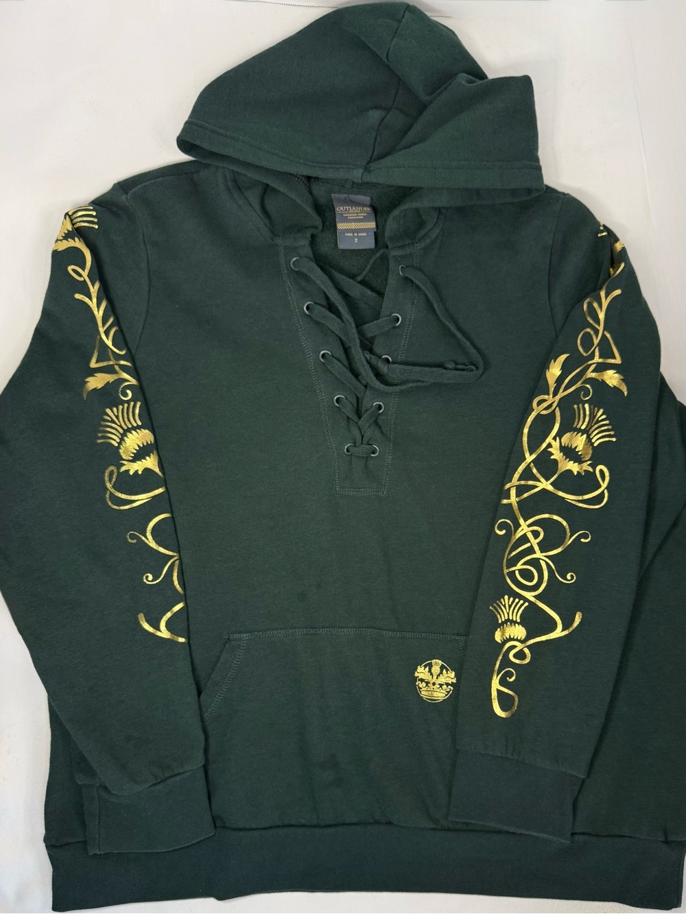 Torrid x Outlander Dark Green Lace-Up Hoodie with Gold Thistle Sz 2
